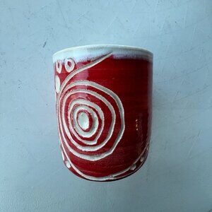 Red and White Abstract Sgraffito Wine Cup Handmade